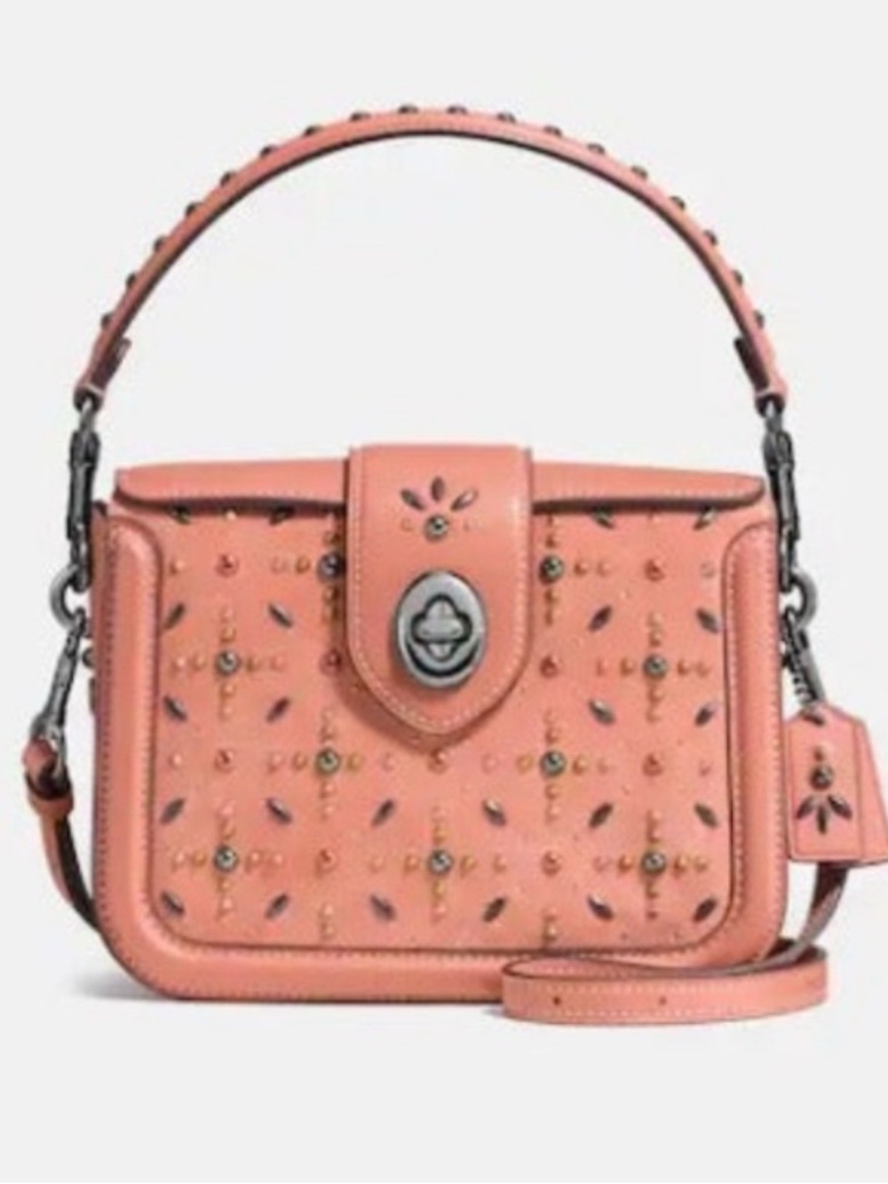 Coach Page Prairie Rivets Coral Pink Leather Studded Turnlock Shoulder/Cross Bag